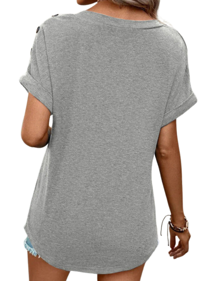 SHOPIQAT Women's Casual Solid Color Button Short Sleeve T-Shirt