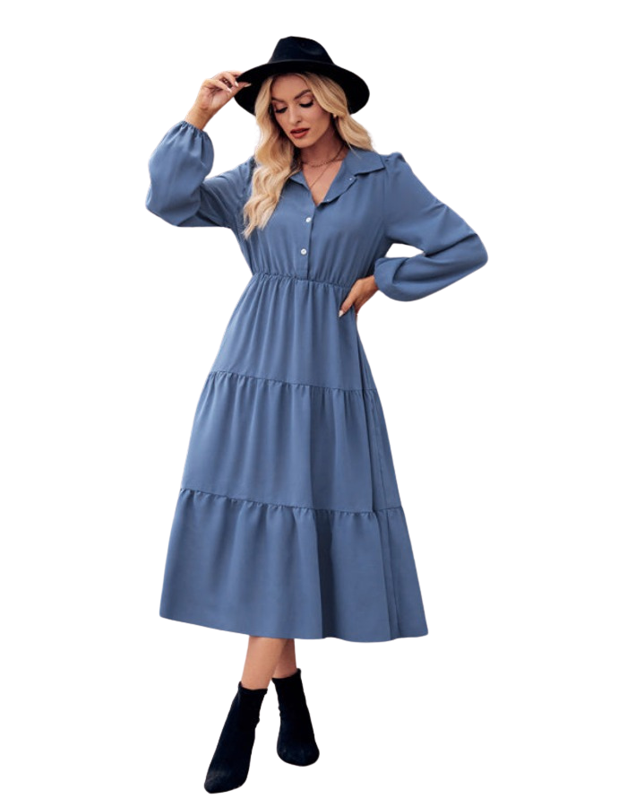 SHOPIQAT Casual Shirt Collar Button Waist Long Sleeve Dress - Premium Dresses from shopiqat - Just $11.300! Shop now at shopiqat