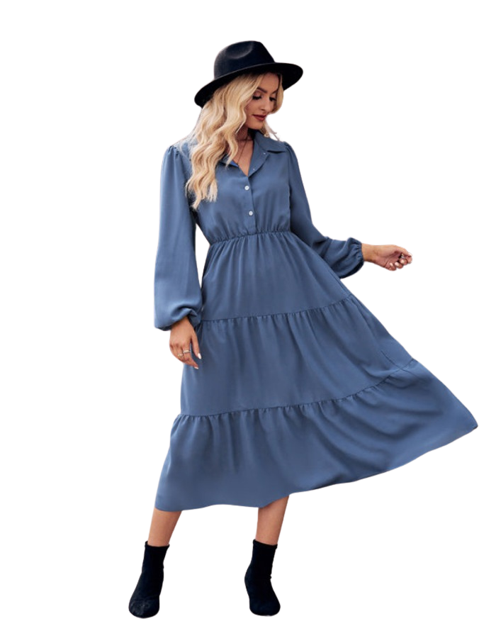 SHOPIQAT Casual Shirt Collar Button Waist Long Sleeve Dress - Premium Dresses from shopiqat - Just $11.300! Shop now at shopiqat
