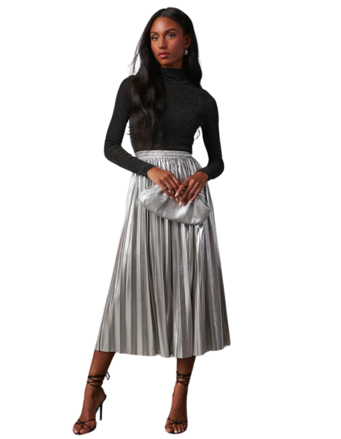 SHOPIQAT New Shiny Pleated High-Waisted A-Line Mid-Length Skirt - Premium  from shopiqat - Just $9.900! Shop now at shopiqat