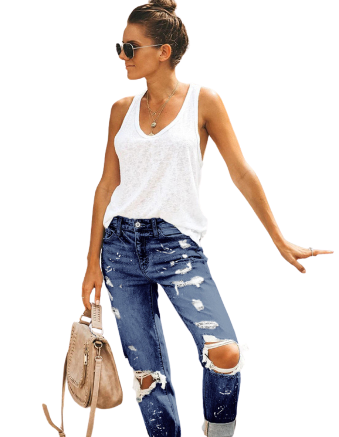 SHOPIQAT Five-Pocket Straight Leg Cuffed Denim Jeans