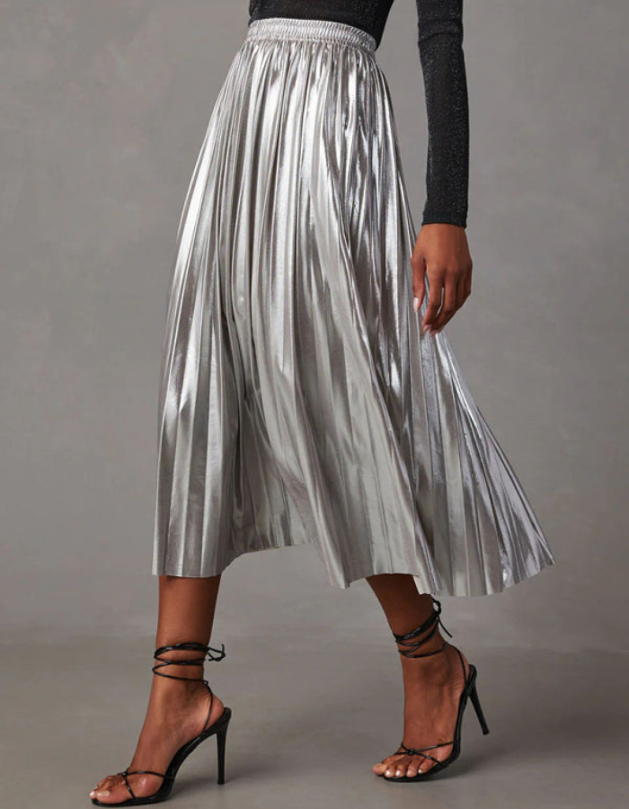 SHOPIQAT New Shiny Pleated High-Waisted A-Line Mid-Length Skirt - Premium  from shopiqat - Just $9.900! Shop now at shopiqat