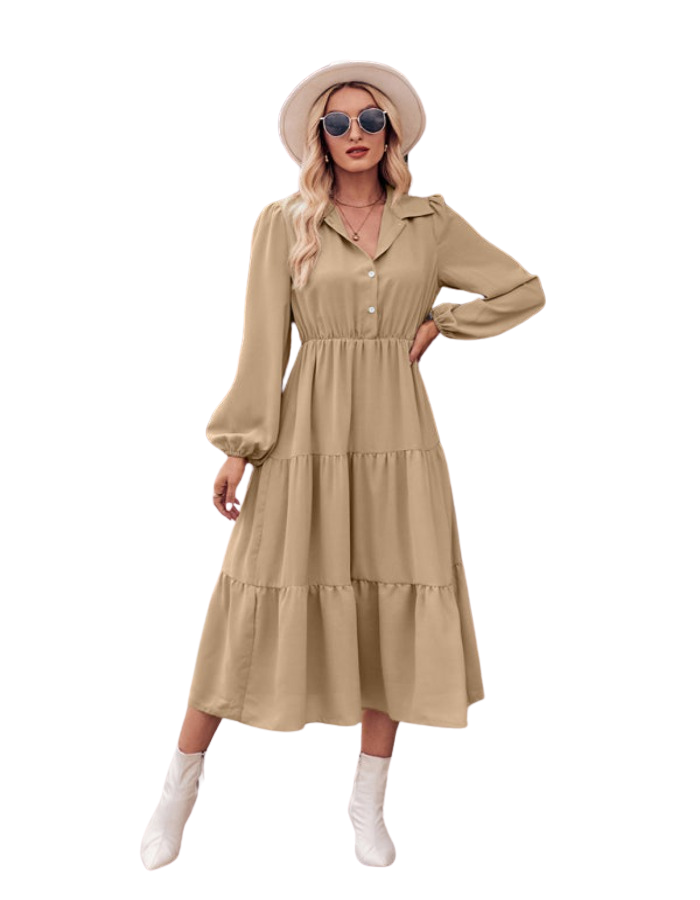 SHOPIQAT Casual Shirt Collar Button Waist Long Sleeve Dress - Premium Dresses from shopiqat - Just $11.300! Shop now at shopiqat
