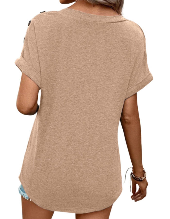 SHOPIQAT Women's Casual Solid Color Button Short Sleeve T-Shirt