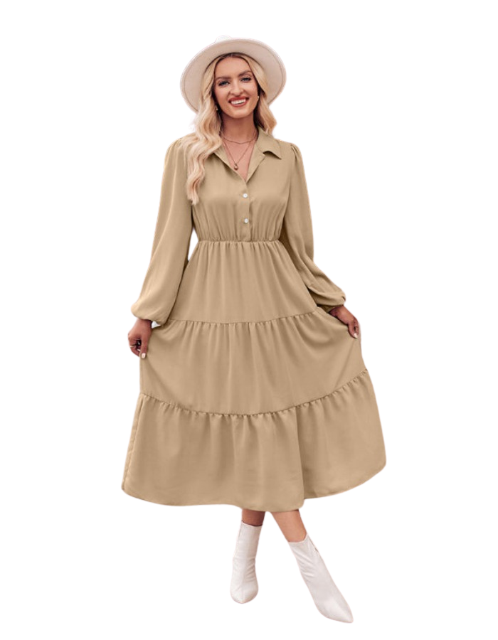 SHOPIQAT Casual Shirt Collar Button Waist Long Sleeve Dress - Premium Dresses from shopiqat - Just $11.300! Shop now at shopiqat
