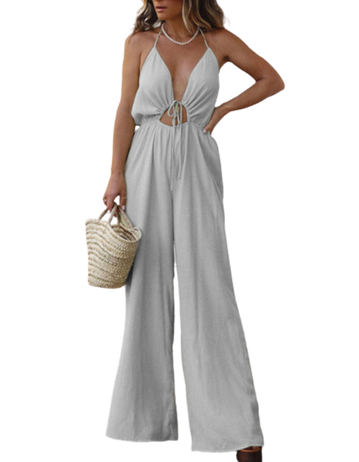 SHOPIQAT Halter Neck Drawstring Tie Cutout Backless Jumpsuit