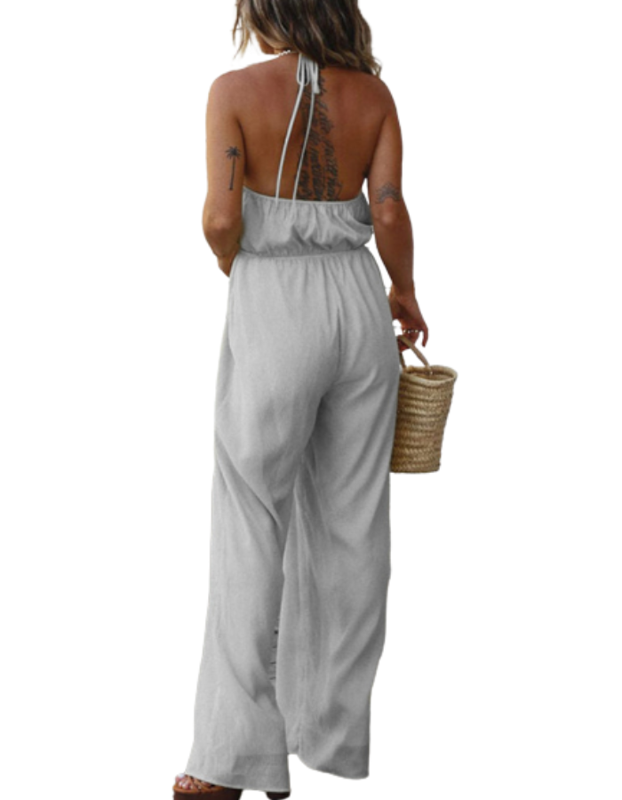 SHOPIQAT Halter Neck Drawstring Tie Cutout Backless Jumpsuit