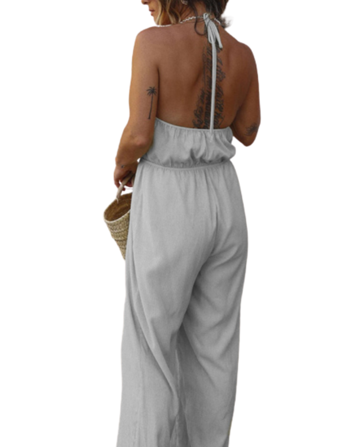 SHOPIQAT Halter Neck Drawstring Tie Cutout Backless Jumpsuit