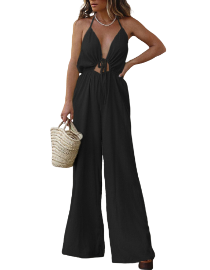 SHOPIQAT Halter Neck Drawstring Tie Cutout Backless Jumpsuit