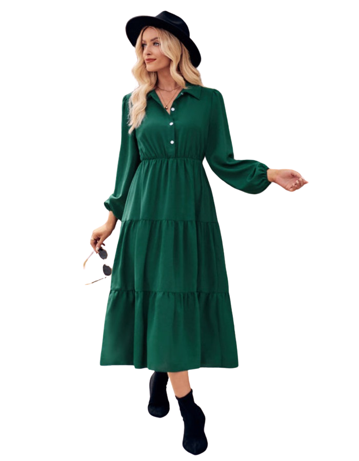SHOPIQAT Casual Shirt Collar Button Waist Long Sleeve Dress - Premium Dresses from shopiqat - Just $11.300! Shop now at shopiqat