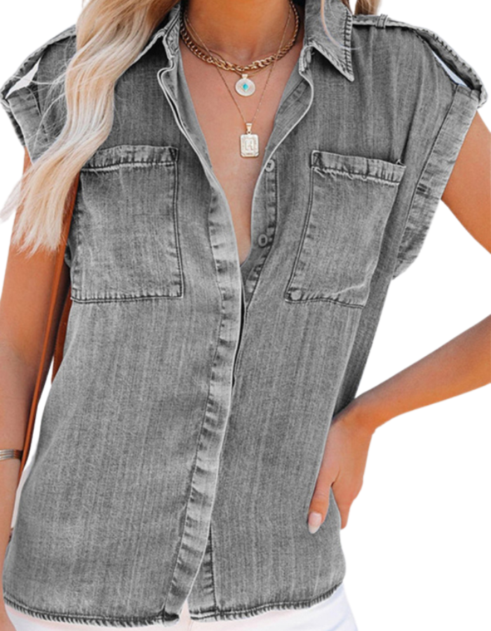 SHOPIQAT Sleeveless Straight Pocket Oversized Denim Shirt