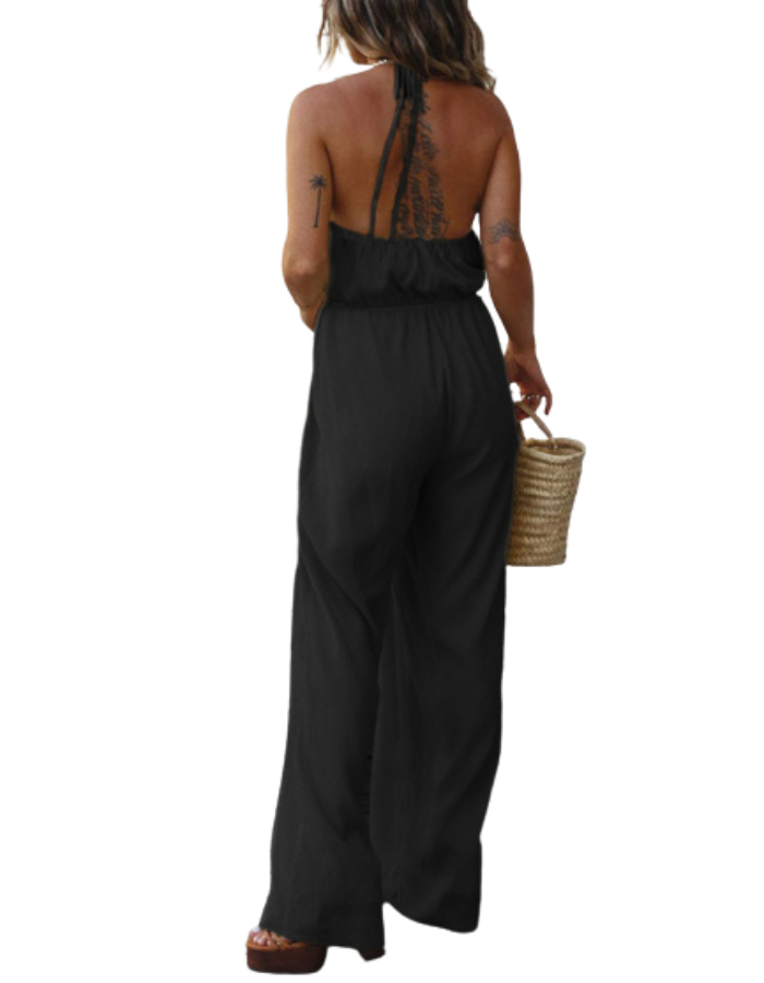 SHOPIQAT Halter Neck Drawstring Tie Cutout Backless Jumpsuit