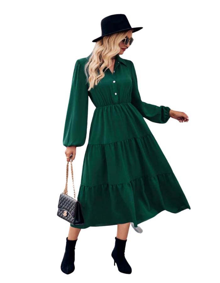 SHOPIQAT Casual Shirt Collar Button Waist Long Sleeve Dress - Premium Dresses from shopiqat - Just $11.300! Shop now at shopiqat