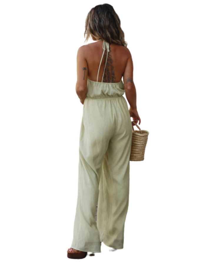 SHOPIQAT Halter Neck Drawstring Tie Cutout Backless Jumpsuit