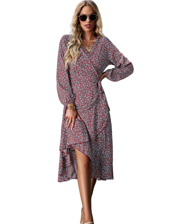 SHOPIQAT Floral Wrap Casual Resort Style Strappy Full Skirt Dress - Premium Dresses from shopiqat - Just $9.900! Shop now at shopiqat