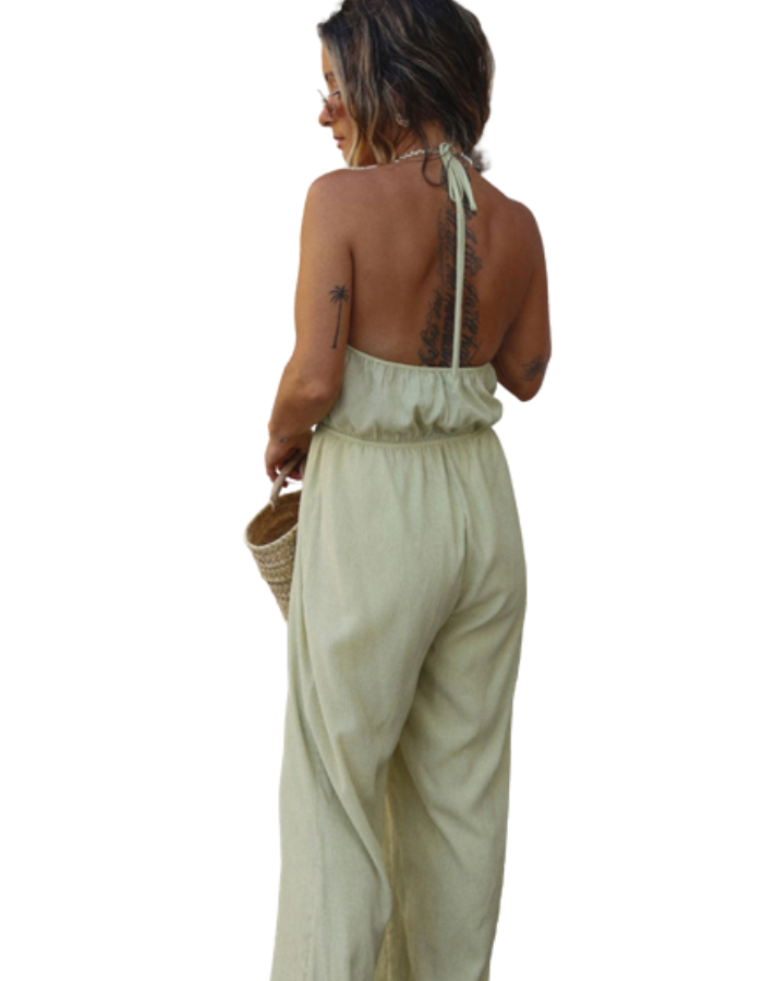 SHOPIQAT Halter Neck Drawstring Tie Cutout Backless Jumpsuit