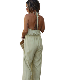 SHOPIQAT Halter Neck Drawstring Tie Cutout Backless Jumpsuit