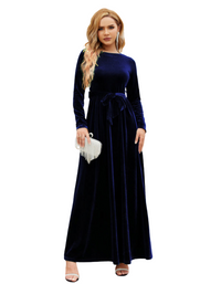 SHOPIQAT Women's Round Neck Belted Gold Velvet Dress