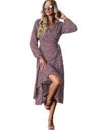 SHOPIQAT Floral Wrap Casual Resort Style Strappy Full Skirt Dress - Premium Dresses from shopiqat - Just $9.900! Shop now at shopiqat