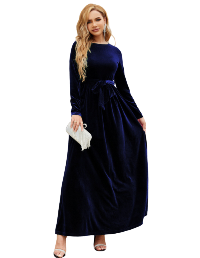 SHOPIQAT Women's Round Neck Belted Gold Velvet Dress - Premium  from shopiqat - Just $14.950! Shop now at shopiqat