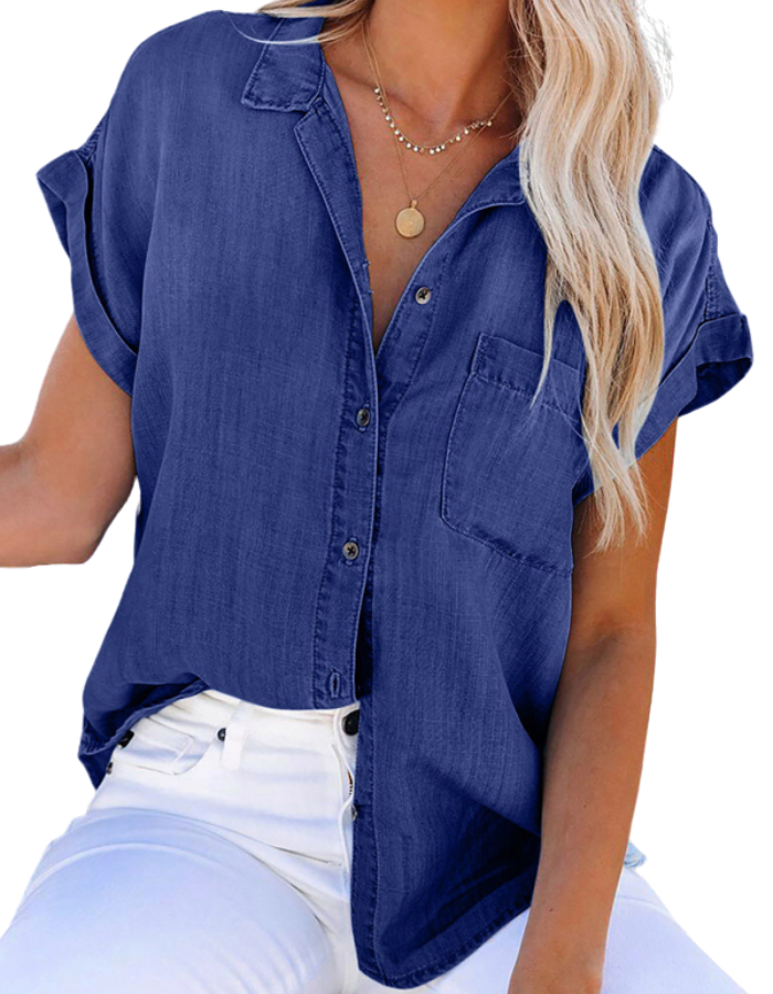 SHOPIQAT Denim Short-Sleeve Button-Up Shirt