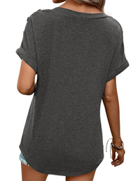 SHOPIQAT Women's Casual Solid Color Button Short Sleeve T-Shirt - Premium  from shopiqat - Just $6.900! Shop now at shopiqat