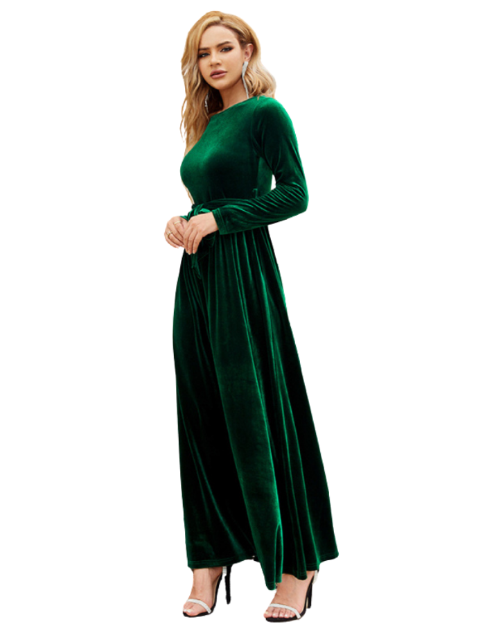 SHOPIQAT Women's Round Neck Belted Gold Velvet Dress - Premium  from shopiqat - Just $14.950! Shop now at shopiqat