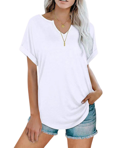 SHOPIQAT Solid Colour Notched Loose Neckline Loose Short-Sleeved T-Shirt for Women - Premium  from shopiqat - Just $6.250! Shop now at shopiqat