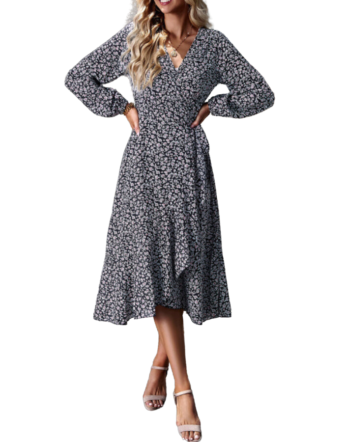 SHOPIQAT Floral Wrap Casual Resort Style Strappy Full Skirt Dress - Premium Dresses from shopiqat - Just $9.900! Shop now at shopiqat