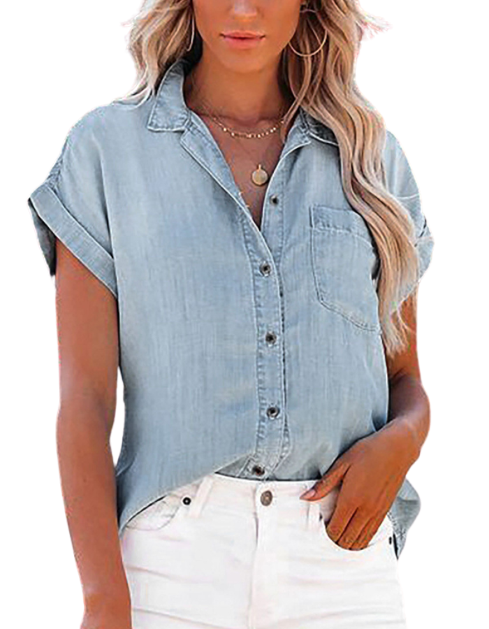 SHOPIQAT Denim Short-Sleeve Button-Up Shirt