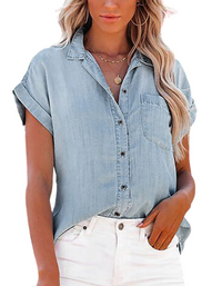 SHOPIQAT Denim Short-Sleeve Button-Up Shirt