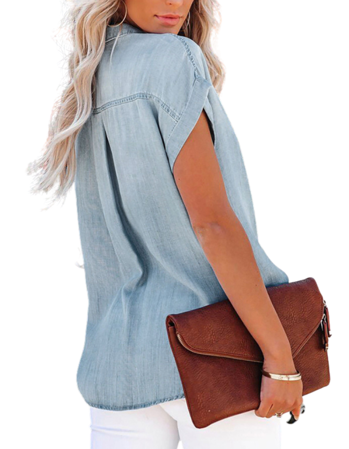 SHOPIQAT Denim Short-Sleeve Button-Up Shirt