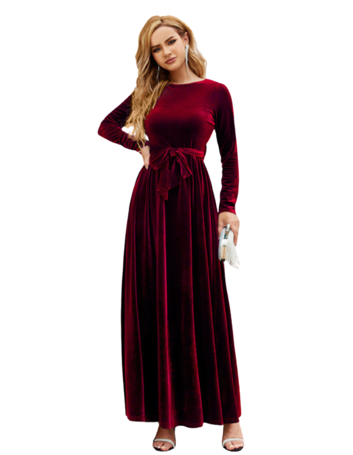 SHOPIQAT Women's Round Neck Belted Gold Velvet Dress - Premium  from shopiqat - Just $14.950! Shop now at shopiqat