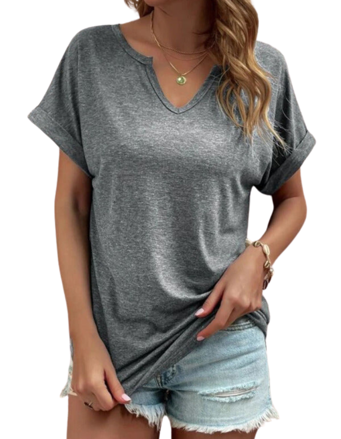 SHOPIQAT Solid Colour Notched Loose Neckline Loose Short-Sleeved T-Shirt for Women - Premium  from shopiqat - Just $6.250! Shop now at shopiqat