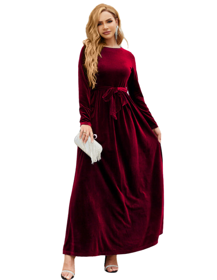 SHOPIQAT Women's Round Neck Belted Gold Velvet Dress - Premium  from shopiqat - Just $14.950! Shop now at shopiqat