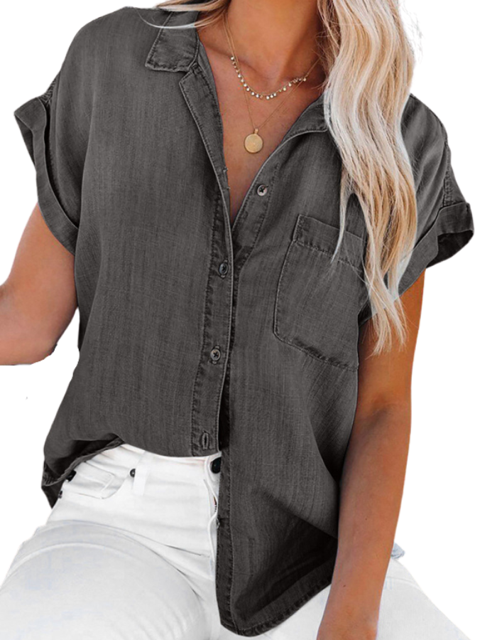 SHOPIQAT Denim Short-Sleeve Button-Up Shirt