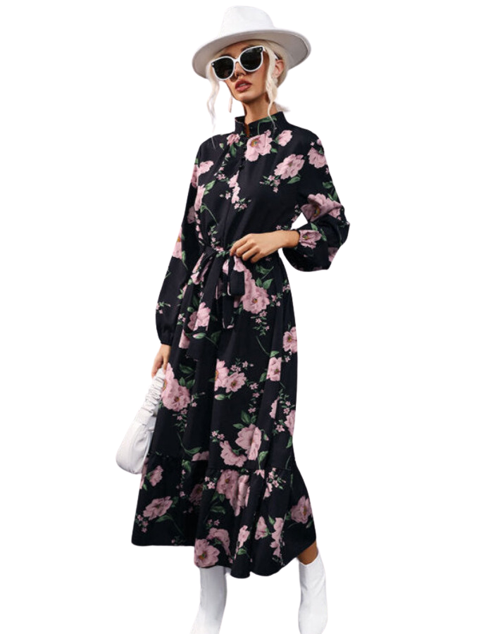 SHOPIQAT Printed Long Sleeve Semi -Collar Long Skirt Dress - Premium Dresses from shopiqat - Just $10.300! Shop now at shopiqat