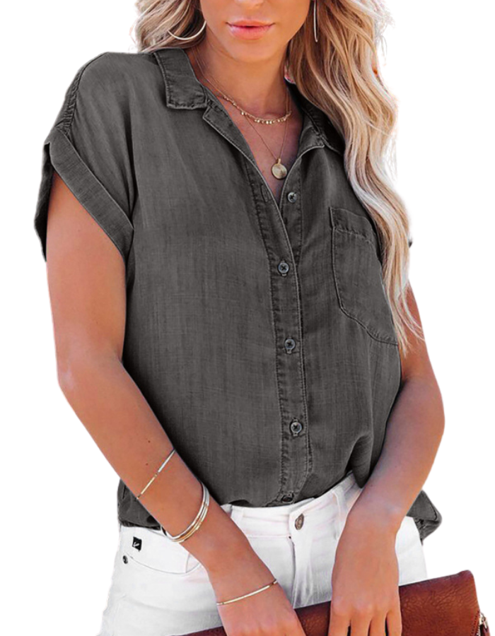SHOPIQAT Denim Short-Sleeve Button-Up Shirt