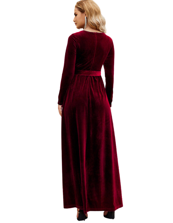 SHOPIQAT Women's Round Neck Belted Gold Velvet Dress - Premium  from shopiqat - Just $14.950! Shop now at shopiqat