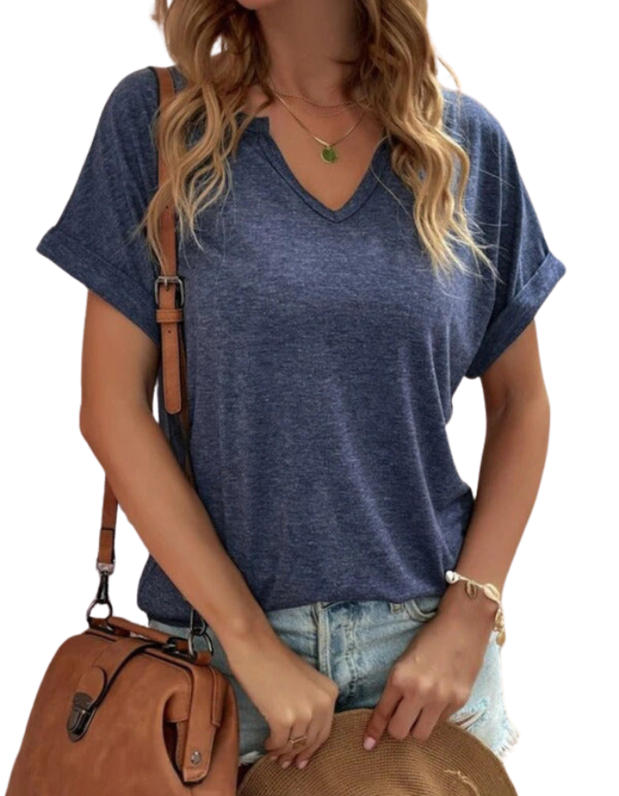 SHOPIQAT Solid Colour Notched Loose Neckline Loose Short-Sleeved T-Shirt for Women - Premium  from shopiqat - Just $6.250! Shop now at shopiqat