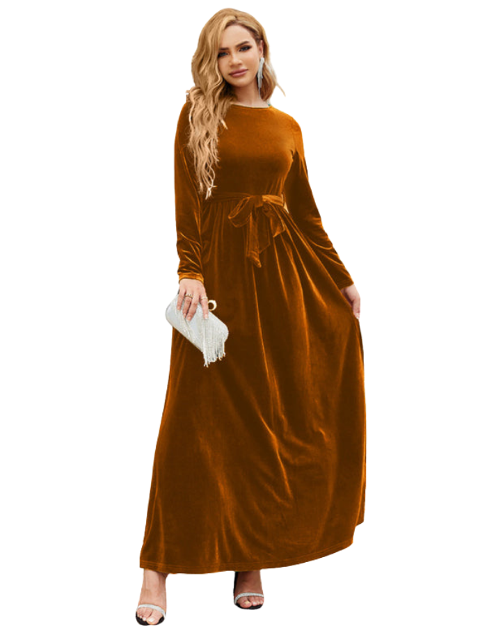 SHOPIQAT Women's Round Neck Belted Gold Velvet Dress