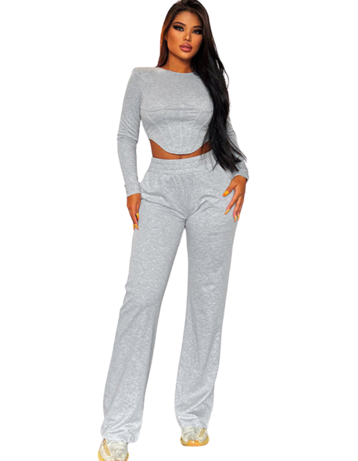 SHOPIQAT New Women's Round Neck Long Sleeve Irregular T-Shirt High Waist Wide Leg Trousers Casual Suit - Premium  from shopiqat - Just $13.750! Shop now at shopiqat