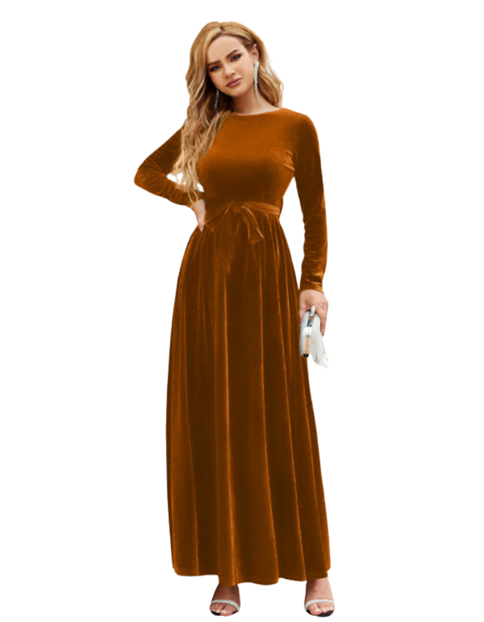 SHOPIQAT Women's Round Neck Belted Gold Velvet Dress - Premium  from shopiqat - Just $14.950! Shop now at shopiqat
