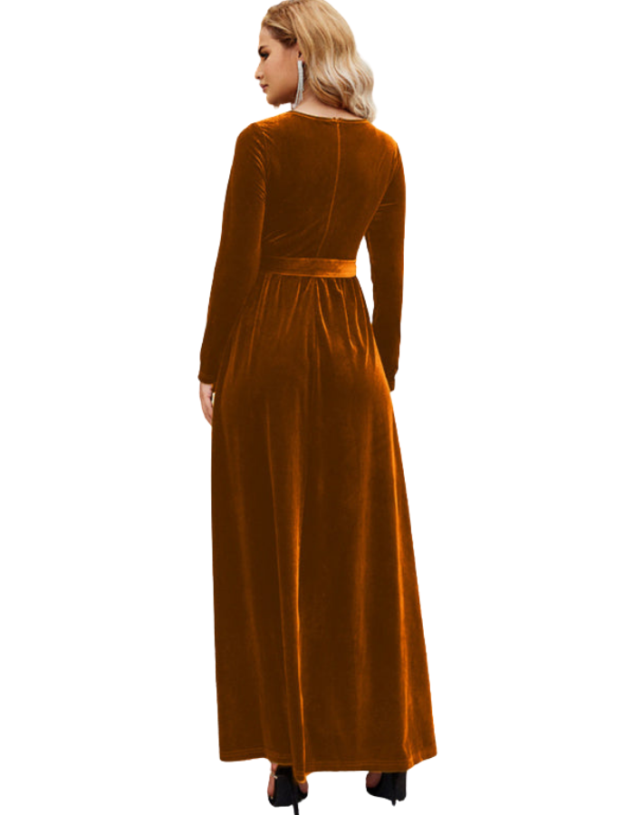 SHOPIQAT Women's Round Neck Belted Gold Velvet Dress - Premium  from shopiqat - Just $14.950! Shop now at shopiqat