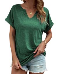 SHOPIQAT Solid Colour Notched Loose Neckline Loose Short-Sleeved T-Shirt for Women