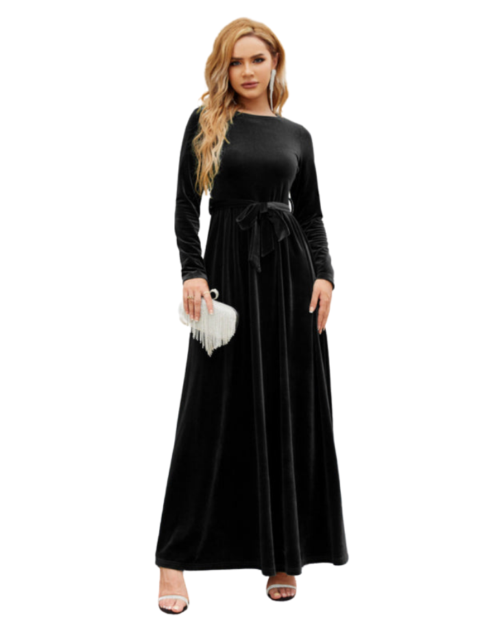 SHOPIQAT Women's Round Neck Belted Gold Velvet Dress - Premium  from shopiqat - Just $14.950! Shop now at shopiqat