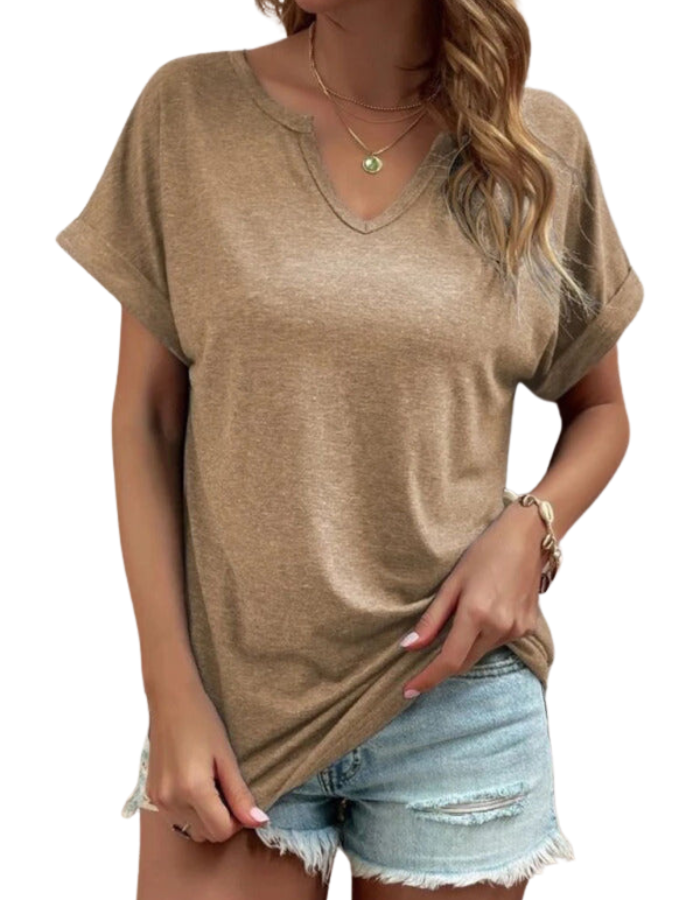 SHOPIQAT Solid Colour Notched Loose Neckline Loose Short-Sleeved T-Shirt for Women - Premium  from shopiqat - Just $6.250! Shop now at shopiqat