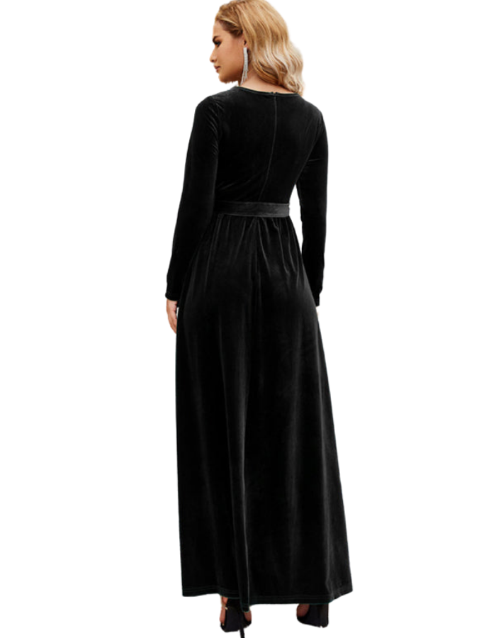 SHOPIQAT Women's Round Neck Belted Gold Velvet Dress - Premium  from shopiqat - Just $14.950! Shop now at shopiqat
