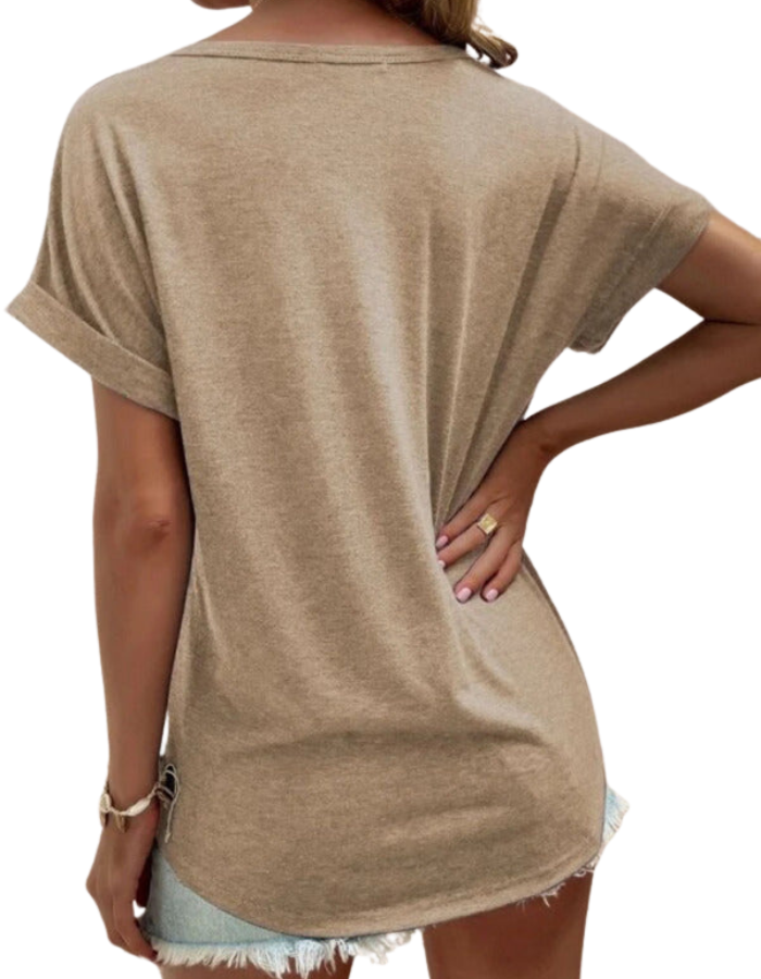 SHOPIQAT Solid Colour Notched Loose Neckline Loose Short-Sleeved T-Shirt for Women - Premium  from shopiqat - Just $6.250! Shop now at shopiqat
