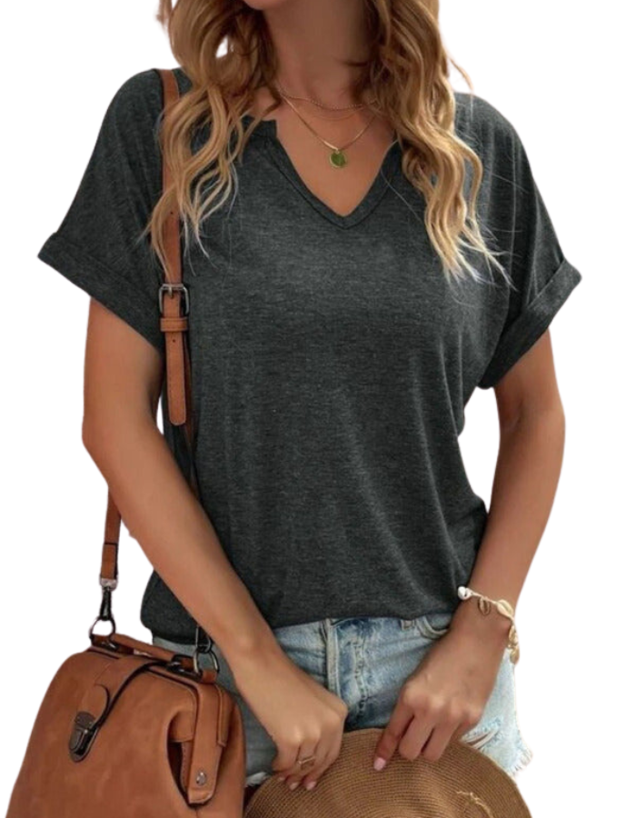 SHOPIQAT Solid Colour Notched Loose Neckline Loose Short-Sleeved T-Shirt for Women - Premium  from shopiqat - Just $6.250! Shop now at shopiqat